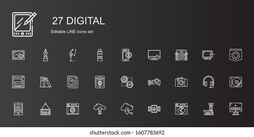 digital icons set. Collection of digital with browser, picture, server, cloud computing, web development, ereader, photo camera, projector. Editable and scalable digital icons.