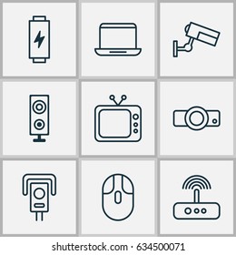 Digital Icons Set. Collection Of Charge, Security Camera, Television And Other Elements. Also Includes Symbols Such As Megaphone, Battery, Presentation.