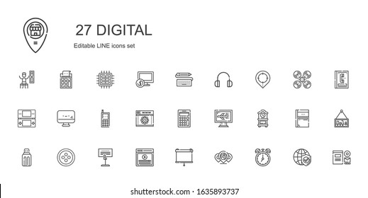 digital icons set. Collection of digital with clock, placeholder, projector, video, holder, button, usb, computer, calculator, web development. Editable and scalable digital icons.