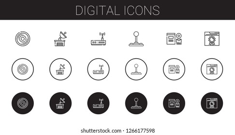 digital icons set. Collection of digital with compact disc, satellite dish, router, joystick, branding, browser. Editable and scalable digital icons.