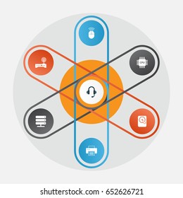 Digital Icons Set. Collection Of Computer Mouse, Router, Database And Other Elements. Also Includes Symbols Such As Printer, Motherboard, Headphone.