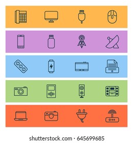 Digital Icons Set. Collection Of Cursor Mouse, Gadget, Telephone And Other Elements. Also Includes Symbols Such As Camera, Flash, Tablet.