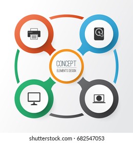 Digital Icons Set. Collection Of Desktop, Hdd, Printing Machine And Other Elements. Also Includes Symbols Such As Monitor, Screen, Hard.