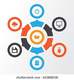 Digital Icons Set. Collection Of Diskette, Hdd, Power On And Other Elements. Also Includes Symbols Such As Button, Computer, Monitor.