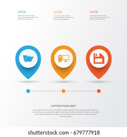 Digital Icons Set. Collection Of Diskette, Personal Computer, Dossier And Other Elements. Also Includes Symbols Such As Disk, Folder, Diskette.