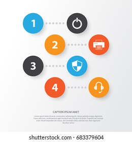 Digital Icons Set. Collection Of Earphone, Defense, Printing Machine And Other Elements. Also Includes Symbols Such As Earphone, Shield, Power.
