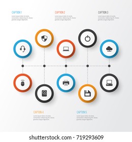 Digital Icons Set. Collection Of Hdd, Laptop, Earphone And Other Elements. Also Includes Symbols Such As Mouse, Monitor, Earphone.