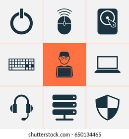 Digital Icons Set. Collection Of Keypad, Hdd, Earphone And Other Elements. Also Includes Symbols Such As Mouse, Laptop, Hard.