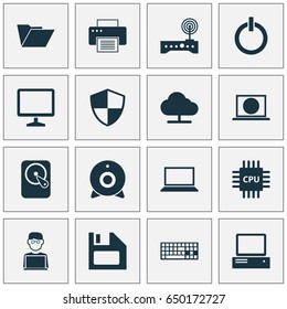 Digital Icons Set. Collection Of Keypad, Hdd, Printing Machine And Other Elements. Also Includes Symbols Such As Web, Broadcast, Shield.