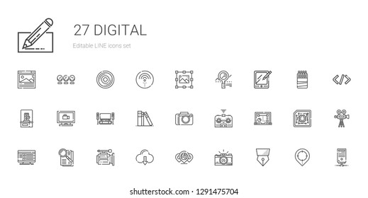 digital icons set. Collection of digital with pen, photo camera, placeholder, cloud computing, video camera, observe, computer, laptop, remote control. Editable and scalable digital icons.