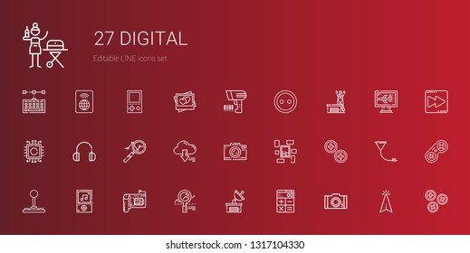 digital icons set. Collection of digital with photo, calculator, satellite dish, analytics, cpu, music player, joystick, buttons, picture. Editable and scalable digital icons.