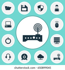 Digital Icons Set. Collection Of Programmer, Router, Earphone And Other Elements. Also Includes Symbols Such As Programmer, Control, Power.