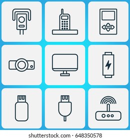 Digital Icons Set. Collection Of Security Camera, Usb, Universal Serial Bus And Other Elements. Also Includes Symbols Such As Player, Energy, Plug.