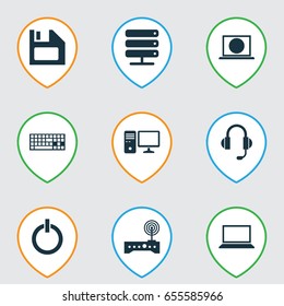 Digital Icons Set. Collection Of Web, Personal Computer, Power On And Other Elements. Also Includes Symbols Such As Disk, Power, Microphone.
