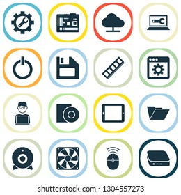 Digital icons set with cooler, man with laptop, control device and other computer mouse elements. Isolated vector illustration digital icons.