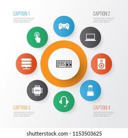 Digital icons set with cpu, gamepad, man with laptop and other database elements. Isolated vector illustration digital icons.