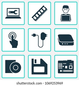 Digital icons set with man with laptop, floppy disk, computer repair and other plug elements. Isolated vector illustration digital icons.