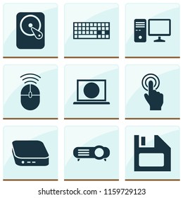 Digital icons set with touchscreen, PC, mini PC and other presentation elements. Isolated vector illustration digital icons.