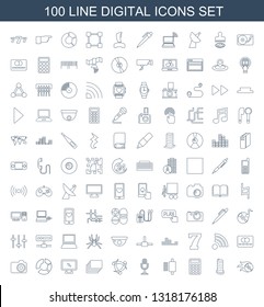 digital icons. Trendy 100 digital icons. Contain icons such as disc flame, business center building, calculator, spu, microphone, network connection. digital icon for web and mobile.