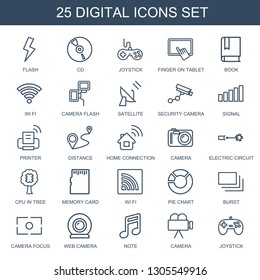 digital icons. Trendy 25 digital icons. Contain icons such as flash, CD, joystick, finger on tablet, book, wi fi, camera flash, satellite, Security camera. digital icon for web and mobile.