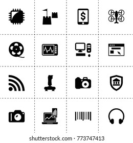 Digital icons. vector collection filled digital icons. includes symbols such as chip tuning, film reel, joystick, computer, browser, drone. use for web, mobile and ui design.
