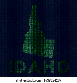Digital Idaho logo. US state symbol in hacker style. Binary code map of Idaho with US state name. Modern vector illustration.