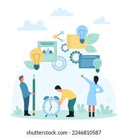 Digital idea creation and development vector illustration. Cartoon tiny people hold pencil and clock, work with creative idea, bright light bulb among dark lamps and gears, customize tech model