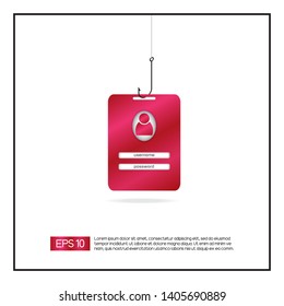 Digital identification pass card or tag with username login and password hung on a fishing hook. Internet phishing, login and password hacked. Internet safety and cyber security concept. EPS 10 vector