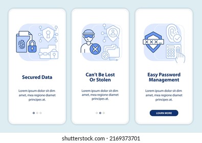 Digital identity advantages light blue onboarding mobile app screen. Walkthrough 4 steps editable graphic instructions with linear concepts. UI, UX, GUI template. Myriad Pro-Bold, Regular fonts used