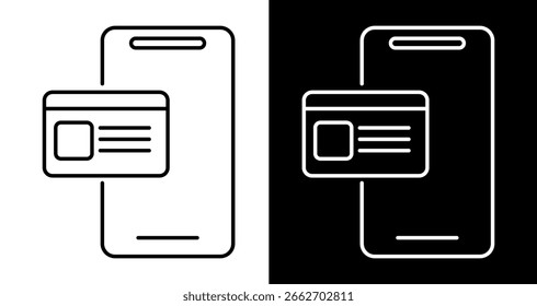 Digital identity card on a mobile phone display. Line art icon for electronic verification and personal data security.