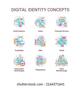 Digital identity concept icons set. Biometric technology idea thin line color illustrations. Personal information. Isolated symbols. Editable stroke. Roboto-Medium, Myriad Pro-Bold fonts used