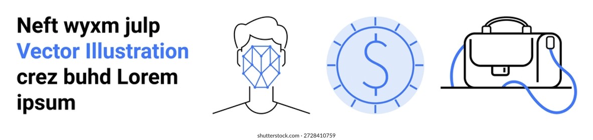 Identidade digital, reconhecimento facial, segurança financeira, benefícios corporativos, ferramentas fintech, autenticação online. Contorno de um rosto, moeda de dólar e uma pasta. Identidade digital e finanças