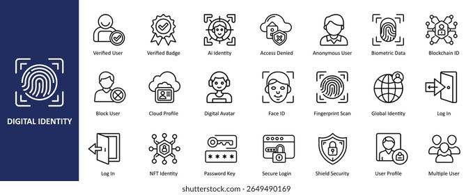 Digital Identity Line Icons Including Biometric Data, User Authentication, and Security Symbols Isolated on White Background – Perfect for Cybersecurity and Technology Designs