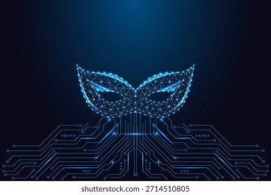 Digitale Identität, Privatsphäre und Sicherheit. Glühende Maskerade mit Low-Poly-Maskerade, die aus einer blauen Leiterplatte aufsteigt und Anonymität und Datenschutz symbolisiert. Futuristisches Neonpolygondesign, Vektorgrafik.