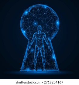 Protección de la identidad digital. El hombre en el centro de la cerradura. El concepto de ciberseguridad, protección de datos personales e identidad digital. Diseño poligonal, fondo azul.