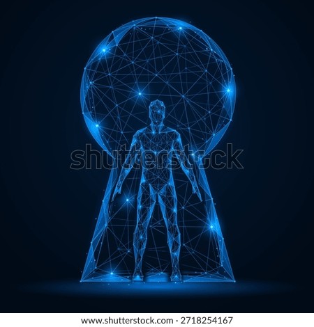 Digital identity protection. The man in the center of the keyhole. The concept of cybersecurity, protection of personal data and digital identity. Polygonal design, blue background.