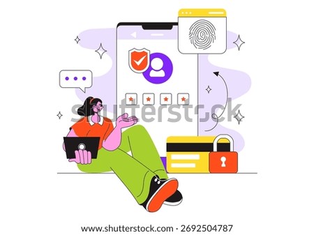 Digital Identity Security Illustration Featuring Secure User Authentication With Passwords, Verifying Identities, Biometric Data, And Login Activity