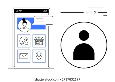 Identidad digital, gestión de usuarios, plataformas de comunicación, herramientas de contacto, servicios locales, diseño de App. Interfaz móvil que muestra el perfil, los iconos para la tienda de contactos y la ubicación. Identidad digital
