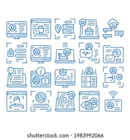 Digital Identity User sketch icon vector. Hand drawn blue doodle line art Electronic Signature And Face Scanning, Eye And Finger Print Identity For Access Illustrations