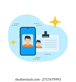 Verificación de identidad digital y procesamiento de tarjeta de identificación en el teléfono móvil Vector de diseño plano ilustración gráfica ui de estado vacío