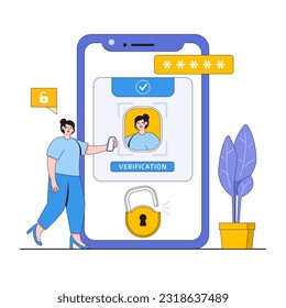 Concepto de ilustración vectorial de verificación de identidad digital con caracteres. Autenticación de identidad, proceso de verificación seguro, identidades de confianza. Moderno estilo plano para la página de inicio, infografía.