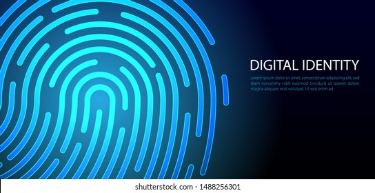 Digital Identity Virtualization on Dark Background. Fingerprint pattern shows unique identity data used to collect biometric data to unique key access or privacy code.