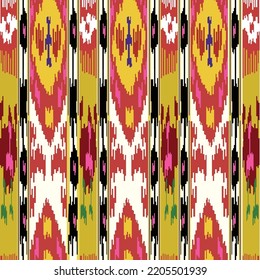 Digital ikat pattern for silk fabrcs. Traditional textile productin Uzbekistan and other countries of Central Asian region. Beautiful adras or atlas in uzbek language. Margilan city. 