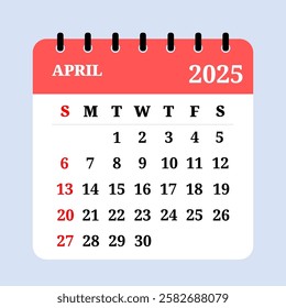 Digital illustrated calendar for April 2025, clearly displaying days and dates for organizing and scheduling purposes. Useful for monthly planning, time management. Removable calendar for the month