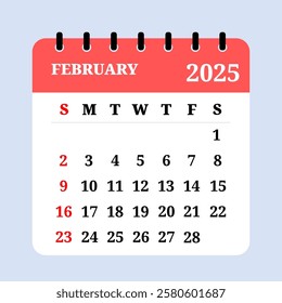 Digital illustrated calendar for February 2025, clearly displaying days and dates for organizing and scheduling purposes. Useful for monthly planning, time management. Removable calendar for the month