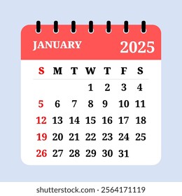 Digital illustrated calendar for January 2025, clearly displaying days and dates for organizing and scheduling purposes. Useful for monthly planning, time management. Removable calendar for the month
