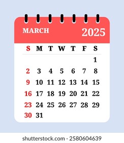 Digital illustrated calendar for March 2025, clearly displaying days and dates for organizing and scheduling purposes. Useful for monthly planning, time management. Removable calendar for the month