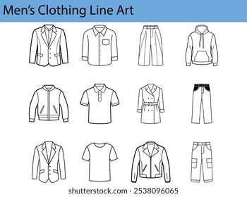 A digital illustration of 12 different mens clothing items drawn in a simple black line art style. The items include jackets, shirts, trousers, and a hoodie.