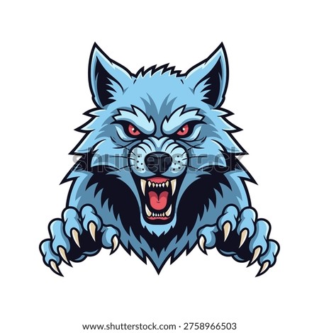 Digital illustration of an aggressive blue wolf mascot in a menacing pose, featuring sharp teeth and claws. Modern vector art style, ideal for sports teams, gaming brands, or any entity seeking a bold, powerful identity.