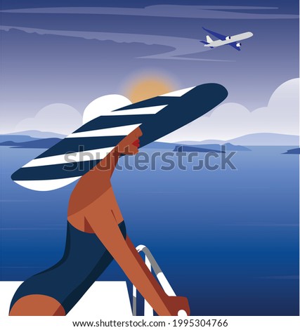 Digital illustration background blue landscape mountains and flying plane over the sea girl model in a big fashionable hat and swimsuit resting in summer on vacation